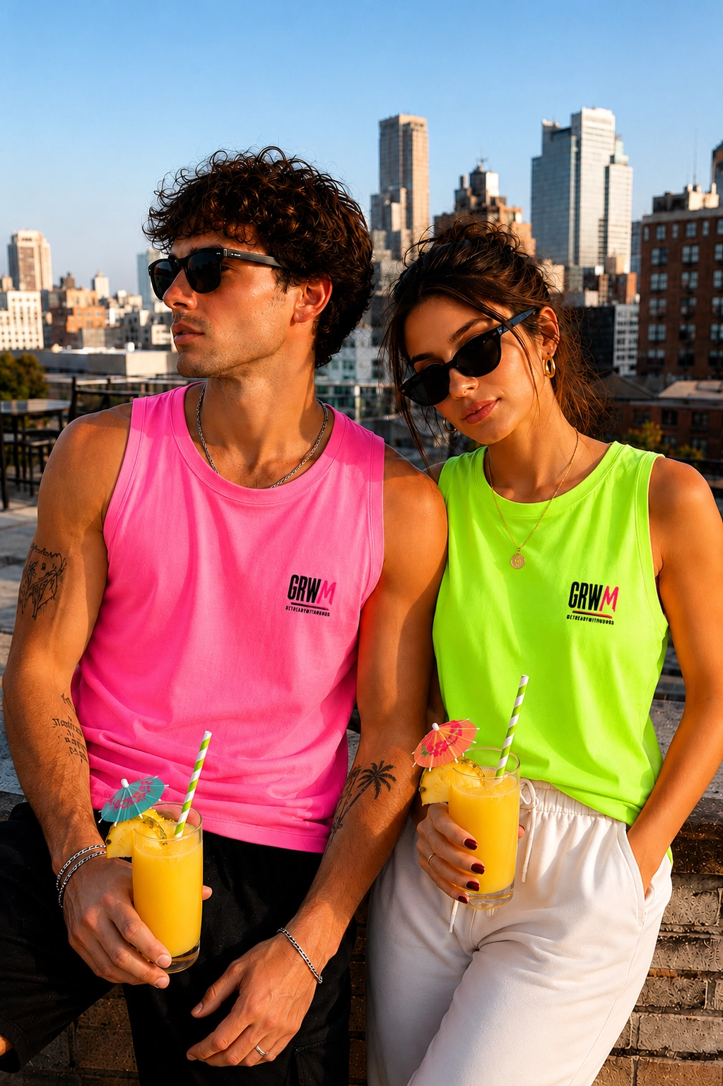 Pareja con tirantes GRWM verde y amarillo con cócteles